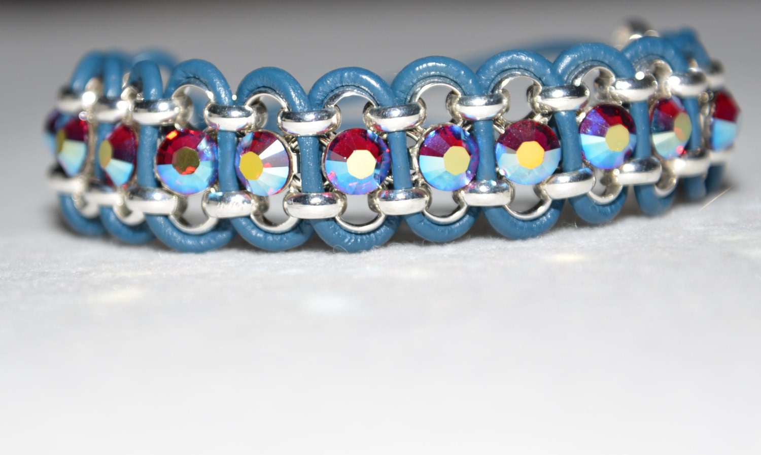Cuff Bracelet with Leather, Swarovski Crystals and Silver Chain