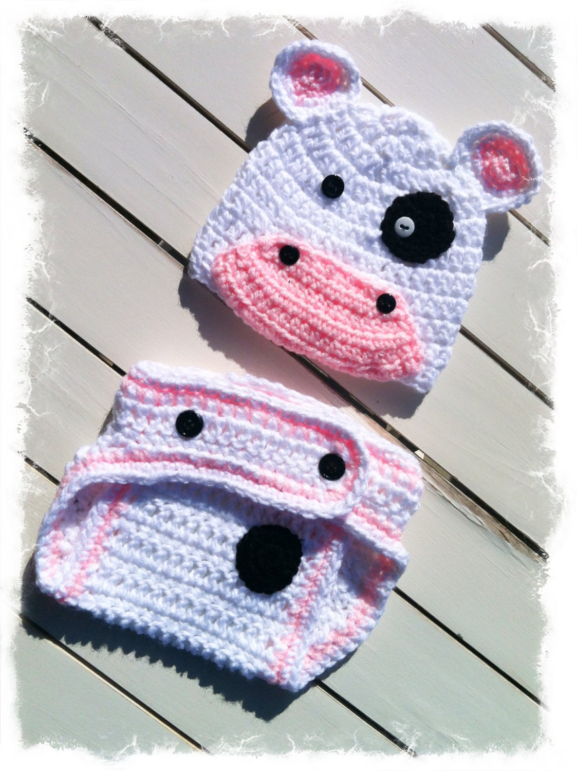 Baby Girls Crochet Cow Beanie and Diaper Cover-Newborn Photo Prop-Baby Girls Crochet Cow Set-New Baby Gift