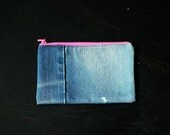 Zipper Pouch, Coin Purse, Cosmetics Bag, Recycled Denim Jeans, Pink Zipper