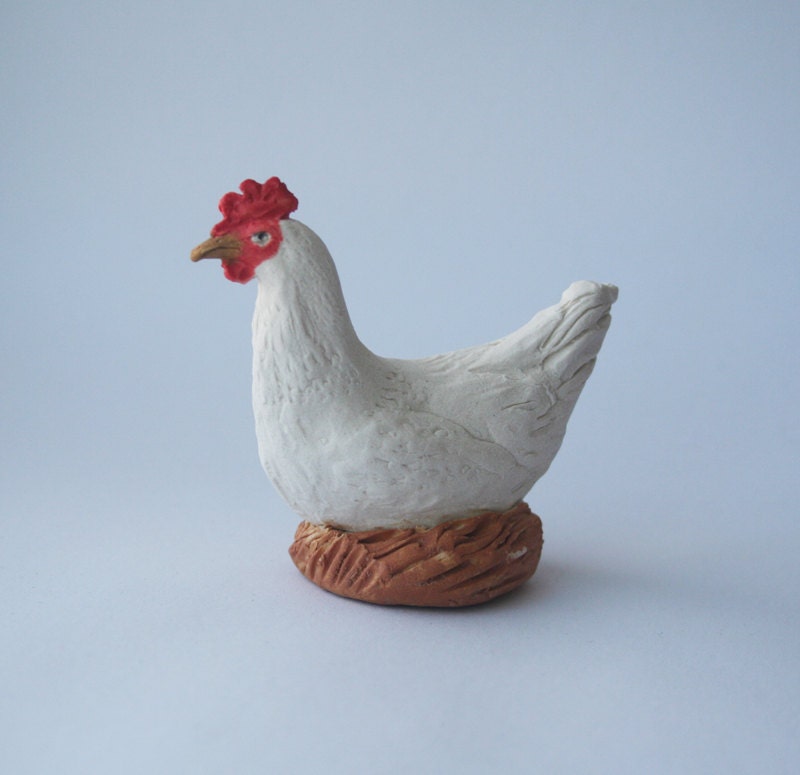 Nesting Chicken, Life-like Porcelain Miniature White Leghorn Hen Figurine, Handmade Homesteading Farm Animal Gift