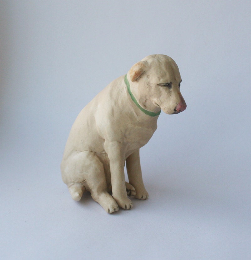 Denver the Guilty Dog Sculpture, Yellow Lab, Miniature Porcelain Heirloom "Co-meme-orative" Animal Celebrity Portrait