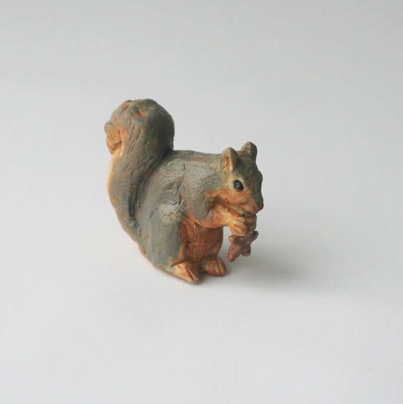 Teeny Fox Squirrel Nibbling Gingerbread Man Cookie, Ceramic Miniature Terrarium Ornament