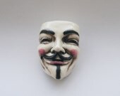 Guy Fawkes "V" for Vendetta Brooch, Painterly White Gloss Porcelain Pin, Occupy Your Lapel