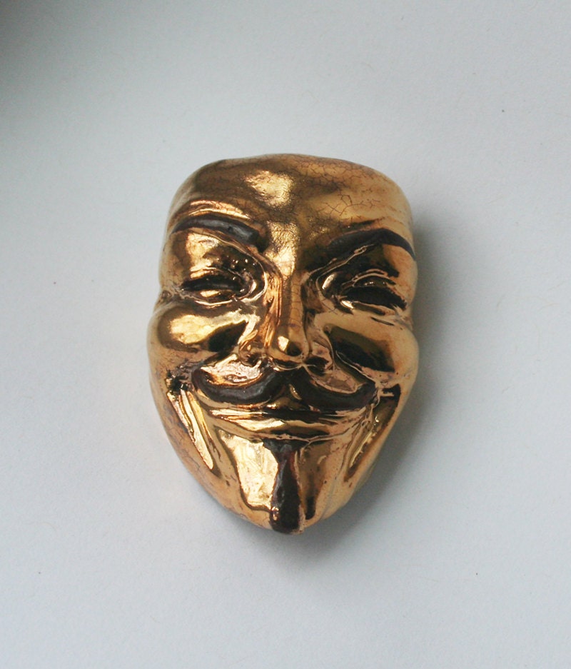 Guy Fawkes V Mask Gold Luster Porcelain Brooch