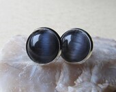 Post Stud Earrings - Round Black Cat's Eye Glass Cabochon - Silver Plated Brass Bezel