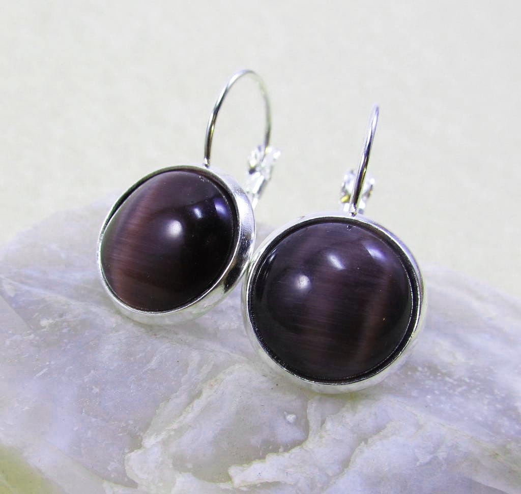 Drop Earrings - Round Grape Purple Cat's Eye Glass Cabochon - Silver Plated Brass Bezel, Lever Back Hooks