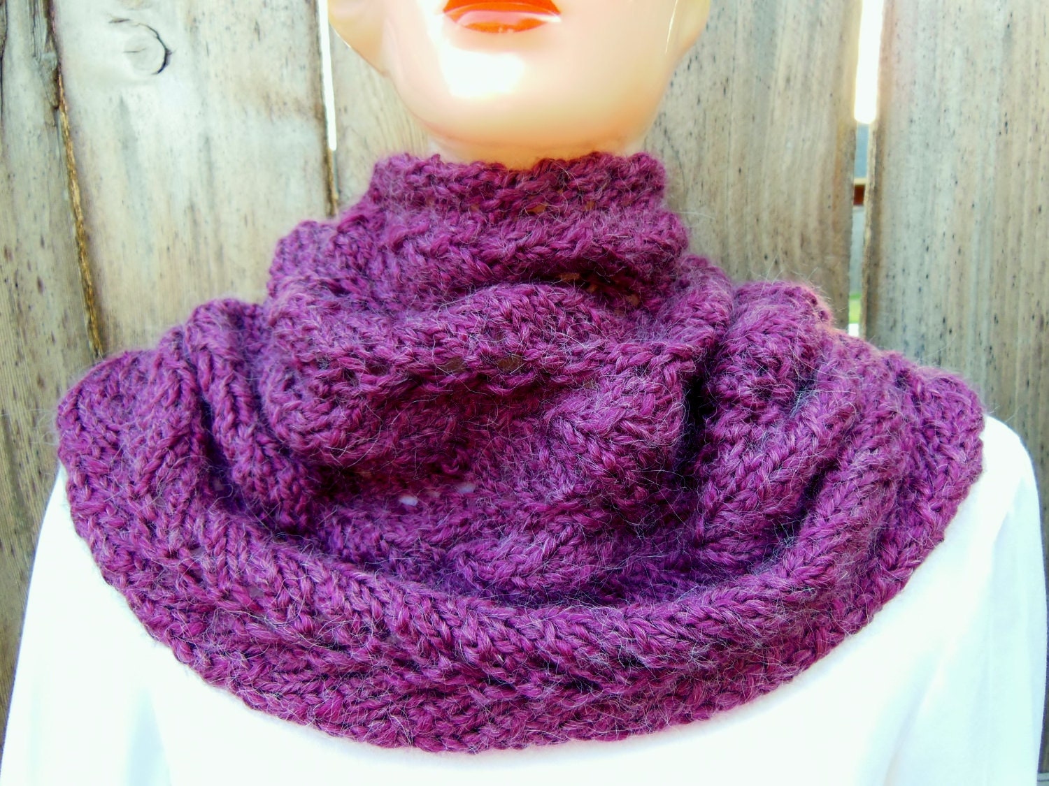 Knit Cowl. Chunky Knit Cowl. Oversized Hand Knit Lace Stitch Scarves in Mulberry Purple