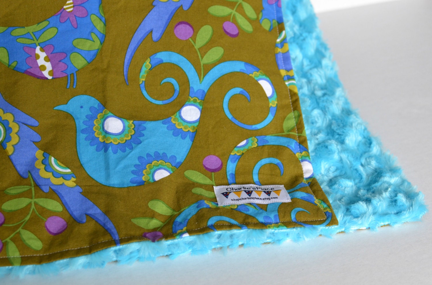 Baby Blanket Minky - Michael Miller, pretty bird, green, blue, minky, elegant, purple