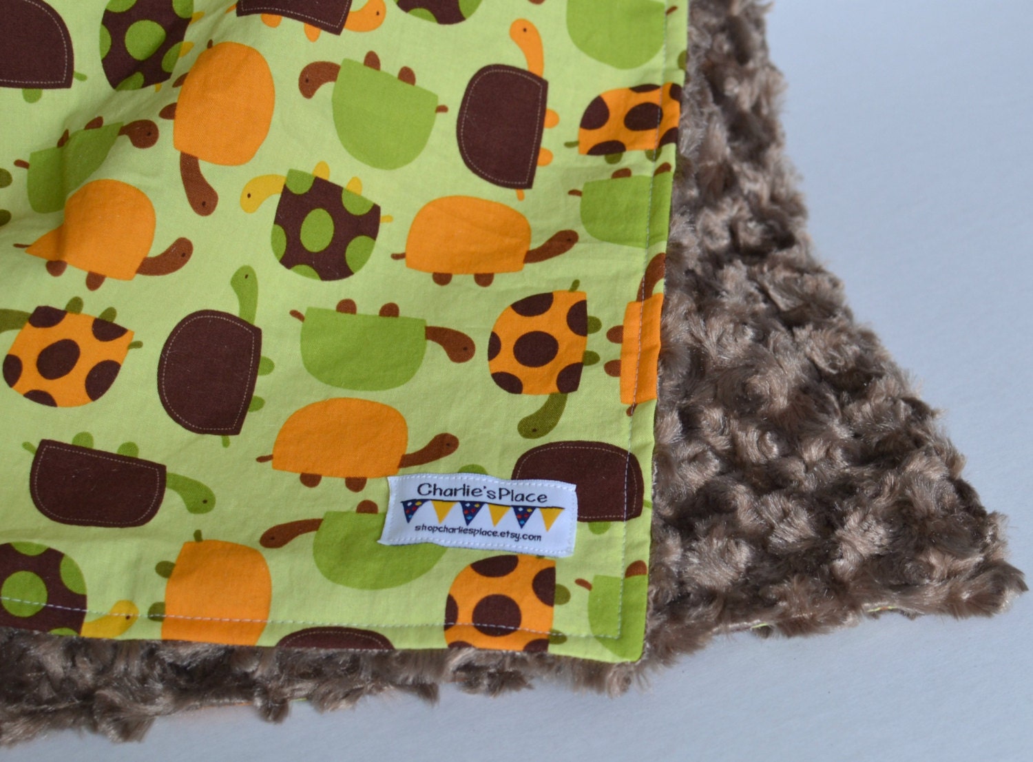 Baby Blanket Minky - Robert Kauffman, turtle, brown, green, modern