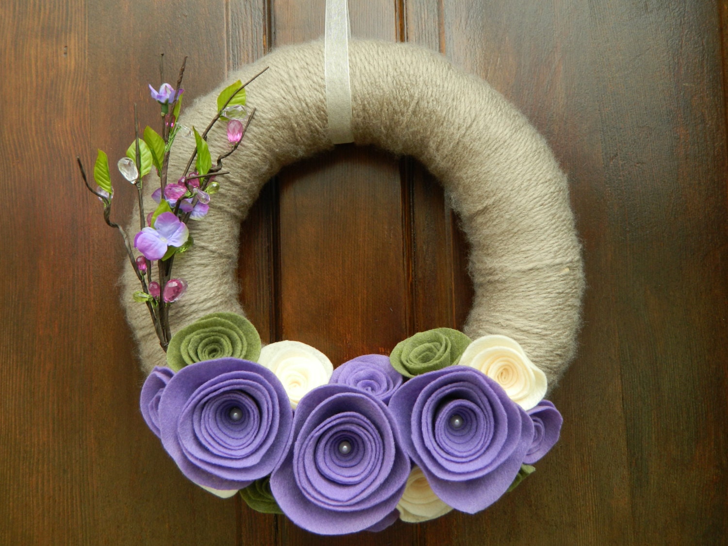 Spring Wreath - Tan Yarn Wrapped Wreath with Purple Felt Flowers - 12 inch Felt Flower Wreath