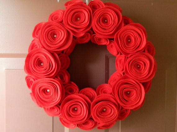Red Felt Wreath - Valentines Day - Christmas - 12 Inch - Red felt wreath