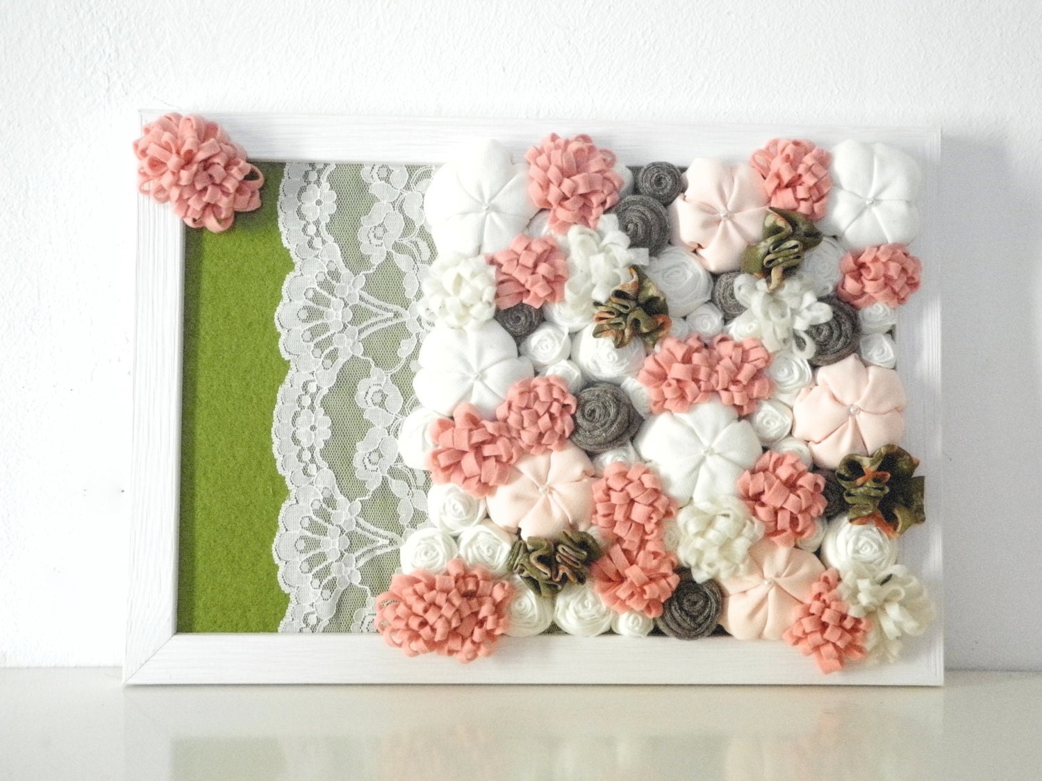 Framed fabric flowers home decor 3D design wall art Pink white green