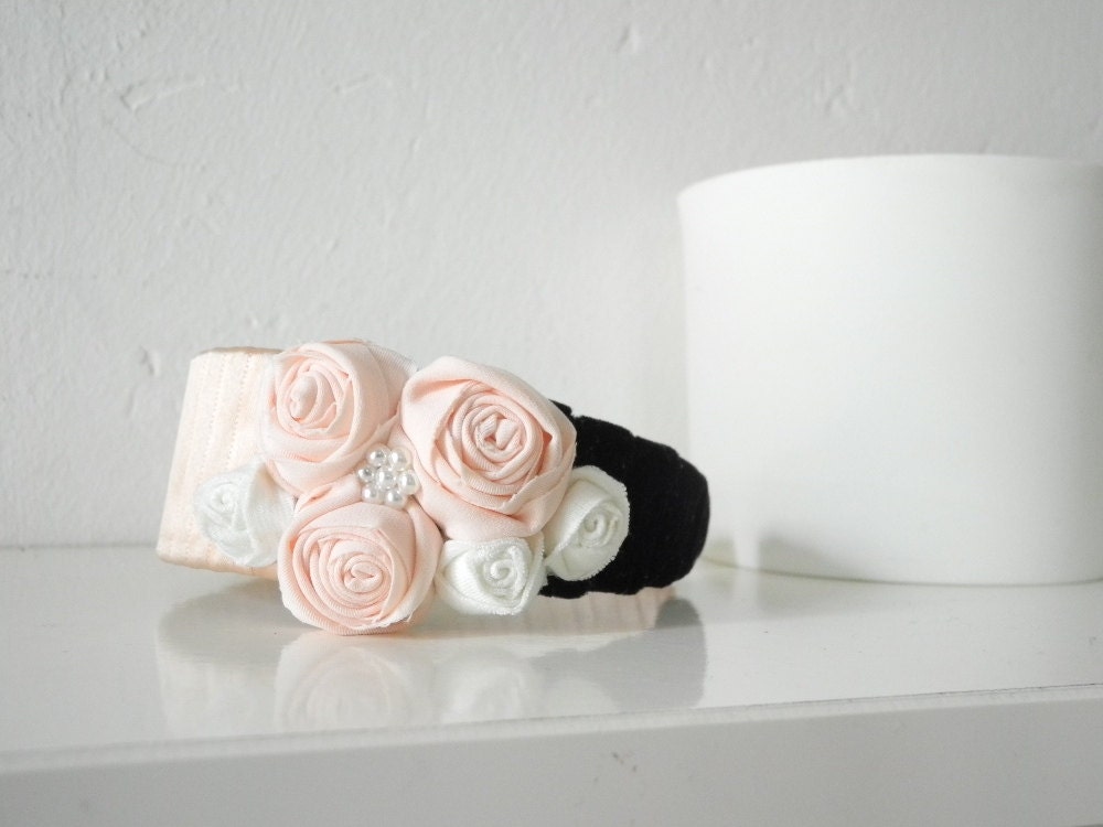 Headband soft pink black white with rosettes, pearls, satin and velvet ribbon - ready to ship
