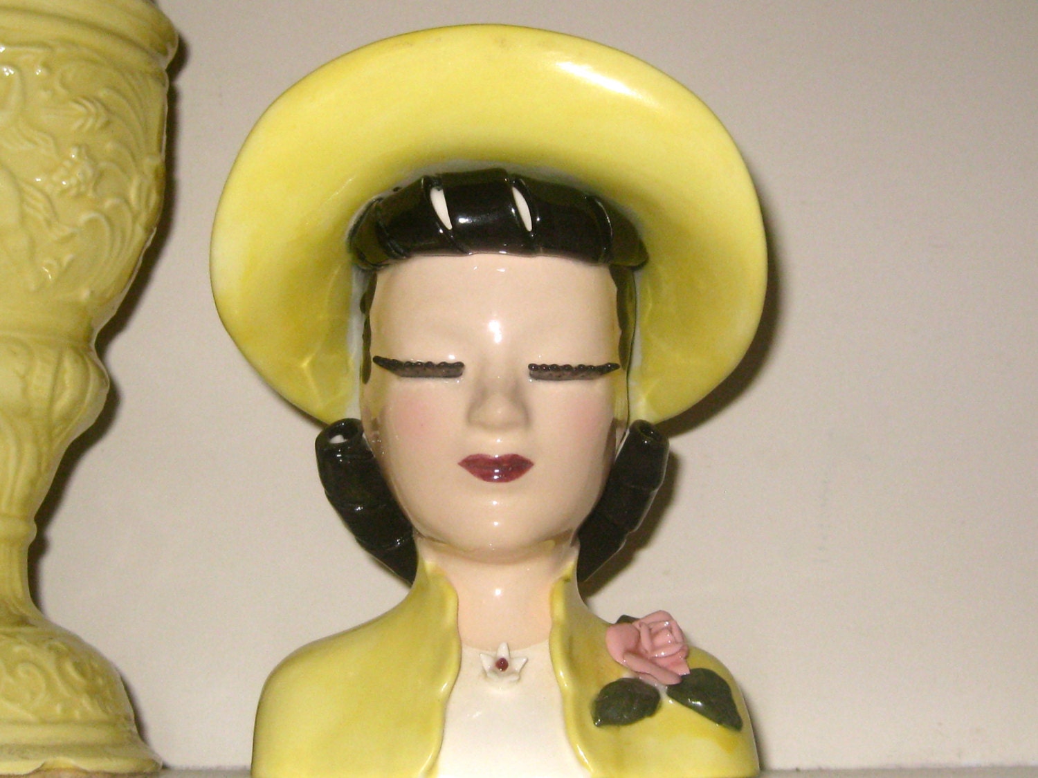 Vintage 6" Yellow Hat Black Hair Vase Head made in Japan