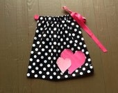 Custom boutique children's clothing. Girls black mod polka dot Valentine pillowcase dress. Pink heart applique. By EverythingSorella