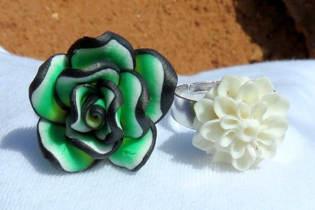 20mm Rose Polymer Clay Large Rose Cab Peony on an Adjustable Silverplate Ring