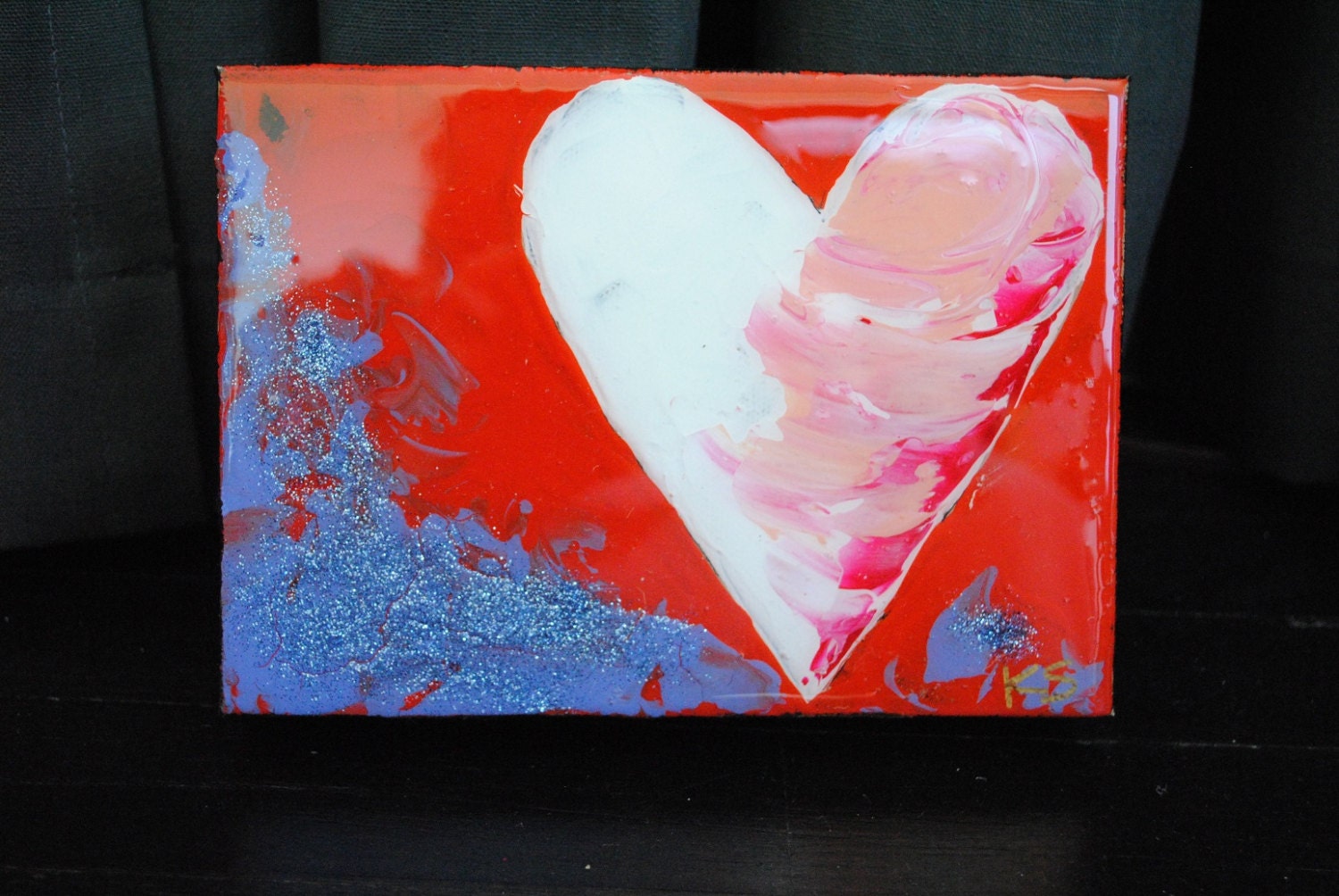 White and Pink Heart Painting original acrylic painting on canvas 5x7
