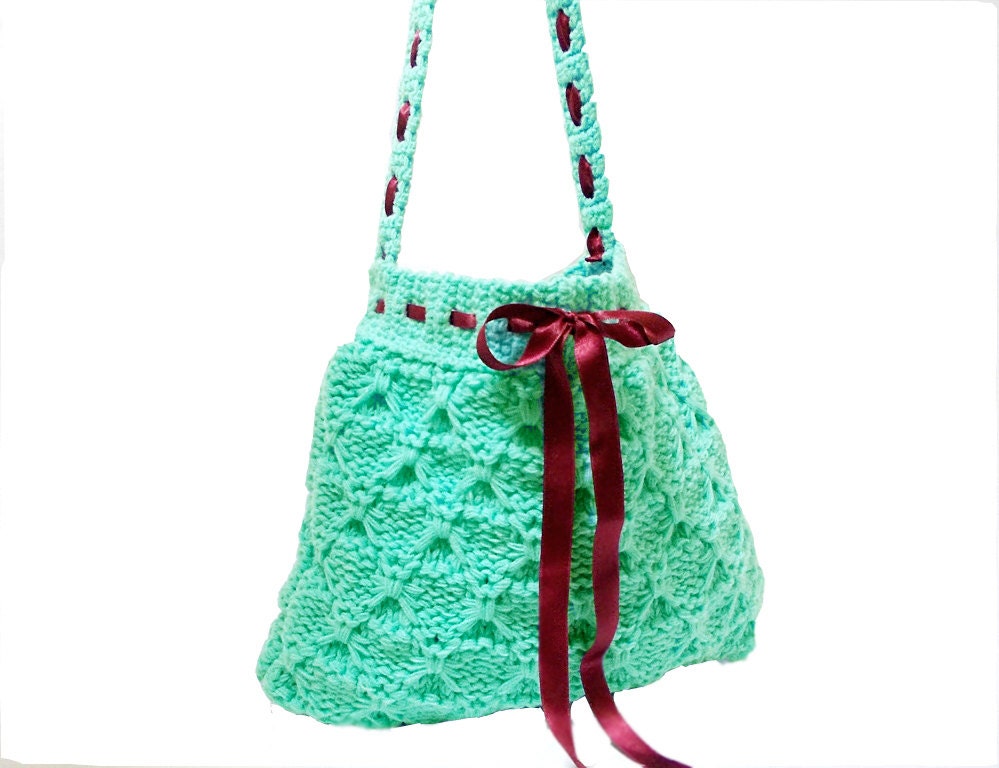 Free Shipping- Handmade knit bag- Knit green bag- Turquoise green blue handbag- Hand knit tote handbag- Useful handmade bag- With ribbon