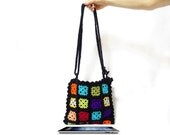 Free Shipping- Black crochet Ipad handbag, technological handbag- Gypsy style, Tablet, Ipad bag, Square pattern, Crochet granny square bag