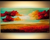 ORIGINAL Abstract Contemporary Red Blossom Acrylic Painting Landscape Palette Knife Texture by Osnat Ready to Hang
