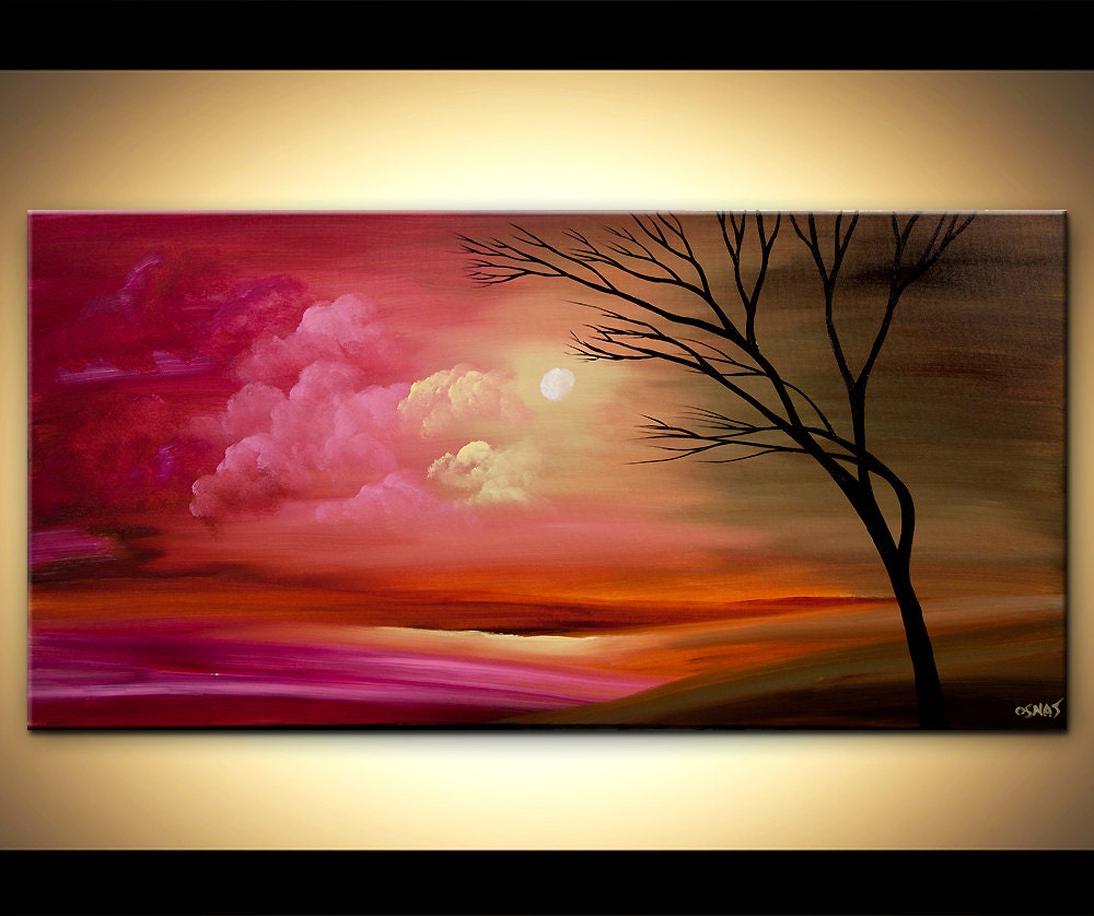 ORIGINAL Abstract Contemporary Tree Acrylic Landscape Painting Pink Olive Green Orange by Osnat Ready to Hang