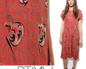 50s SILK CHEONGSAM handmade red frog closure asymmetrical abstract pattern stripe atomic midcentury asian robe sheath dress gown tunic S M L
