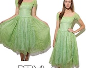 40s LIME RICKEY light green silk chiffon floral embroidery pattern hand embroidered gown formal prom spring wedding blue party xxs xs S