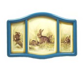 framed rabbit print, rabbit art, lithograph, rabbits, woodland, wall decor, teal, upcycled frame, vintage art, rabbit, triptych