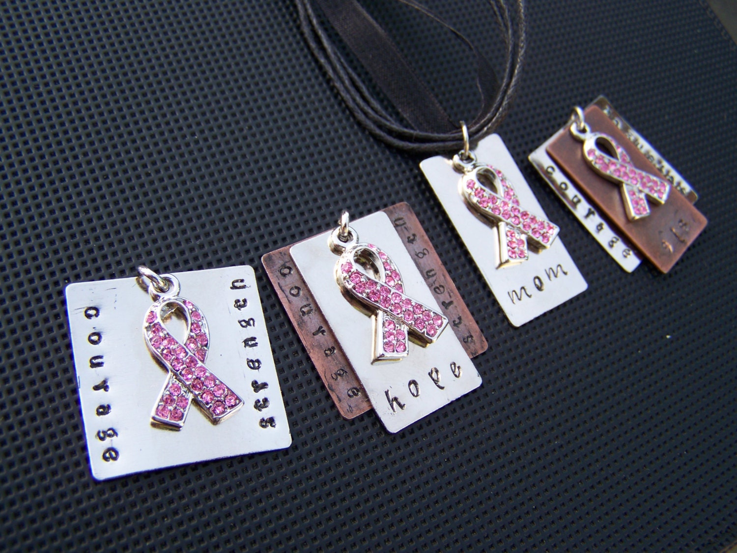 Swarovski Crystal Breast Cancer awareness Personalized hand-stamped metal necklace