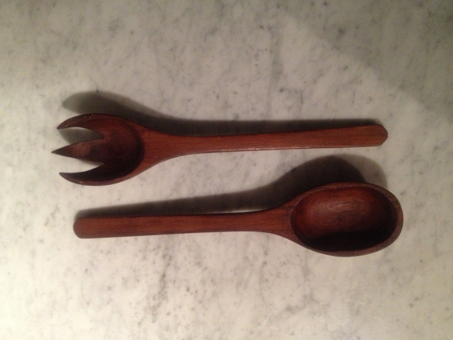 Vintage Wood Serving Spoon, Fork and Ceramic Cup