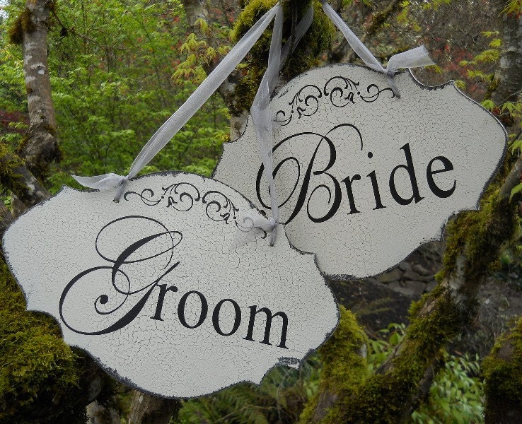 Pair of WEDDING CHAIR SIGNS Bride Groom, Photo Prop, Vintage, Antique, Rustic, Shabby Chic Style
