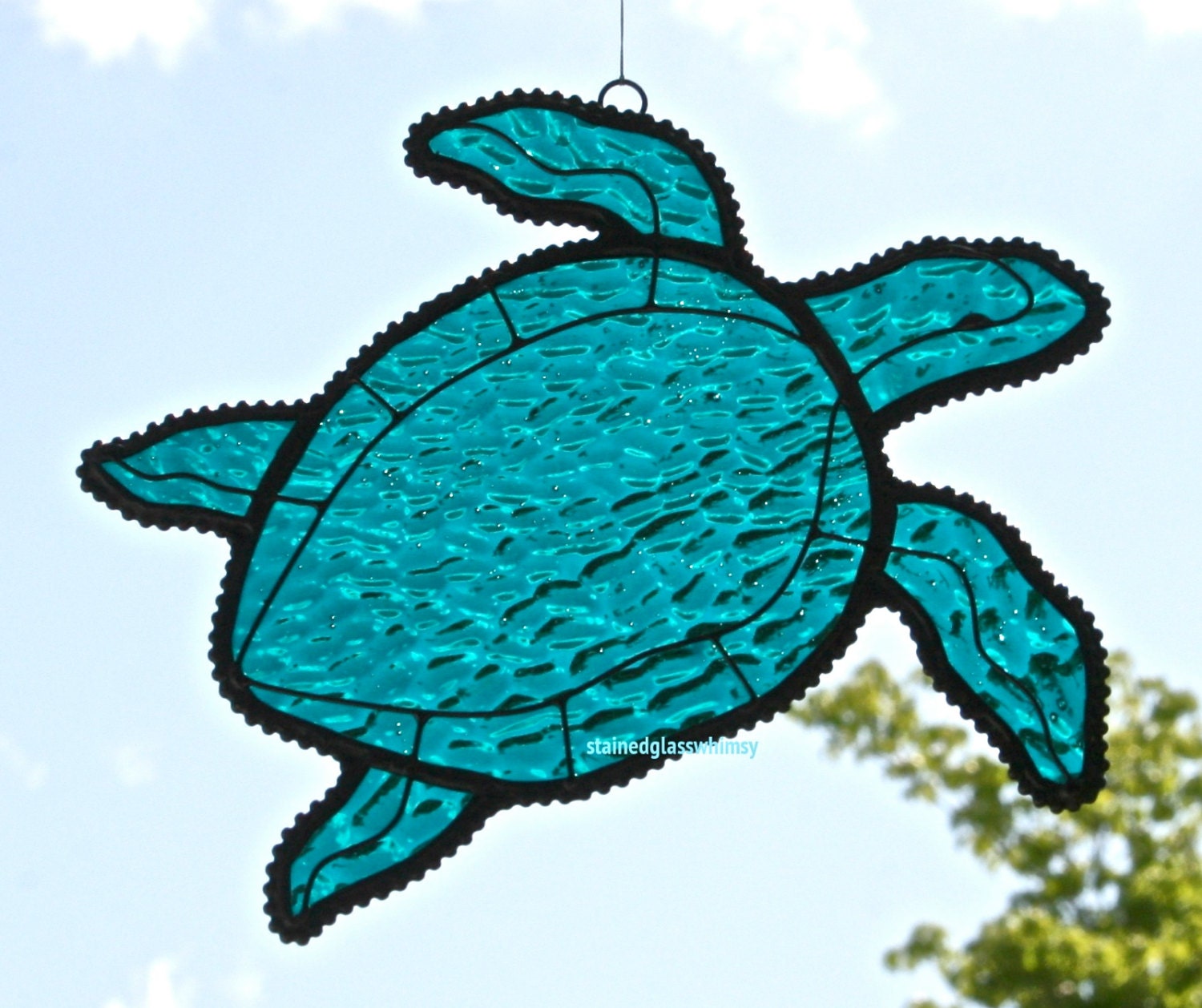 Stained Glass SEA TURTLE Suncatcher - Deep Transparent Teal / Turquoise, Textured - USA Handmade Original