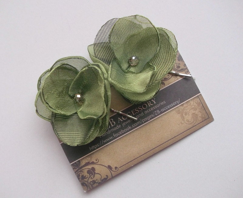Hair clip flower, olive green with swarovsky crystals, Weddings bride, bridesmaids accesory, occasional, prom, Birthday gift, handmade