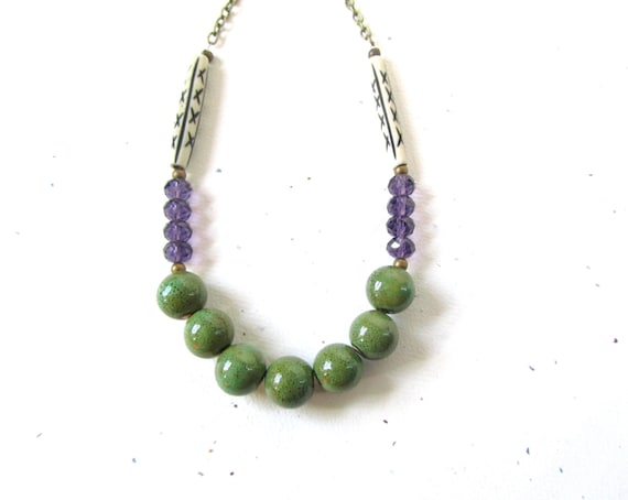 Porcelain Statement Necklace, Tribal, Bohemian, Southwestern, Green, Purple, Bone, Mixed Media, Long Chain