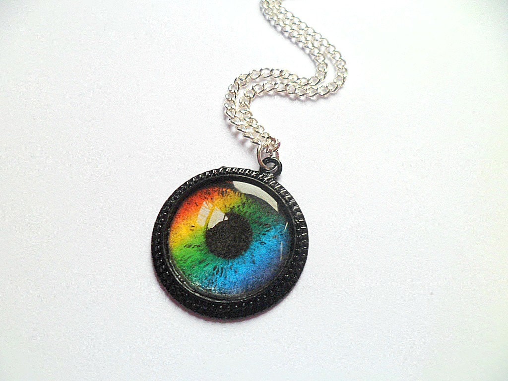 Hipster Rainbow Eyeball Grunge Round Black Cameo Necklace