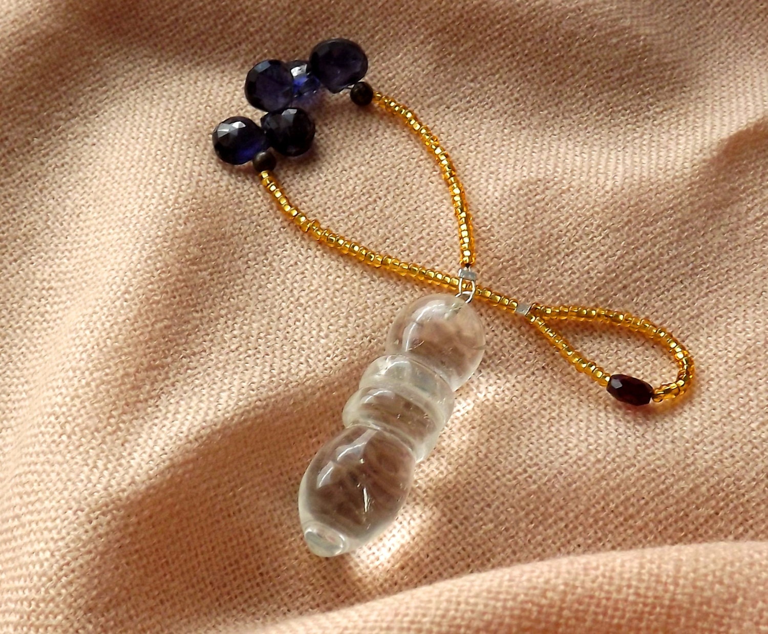Egyptian Quartz Crystal Pendulum with Iolite , Garnet, pyrite and seed beads