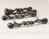 Vintage Antiqued Brass Hardware, Scroll pattern pulls for cabinets and drawers (set of 4).
