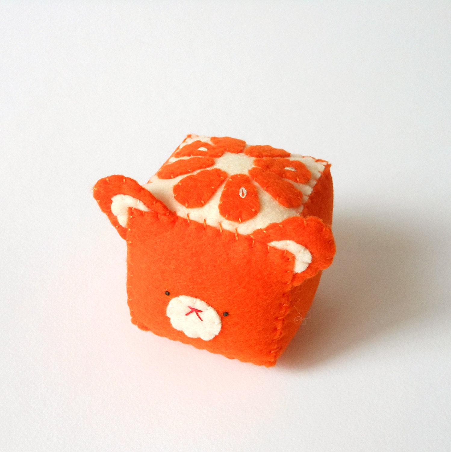 Cube orange bear, stuffed and soft toy, pincushion and softie, made to order