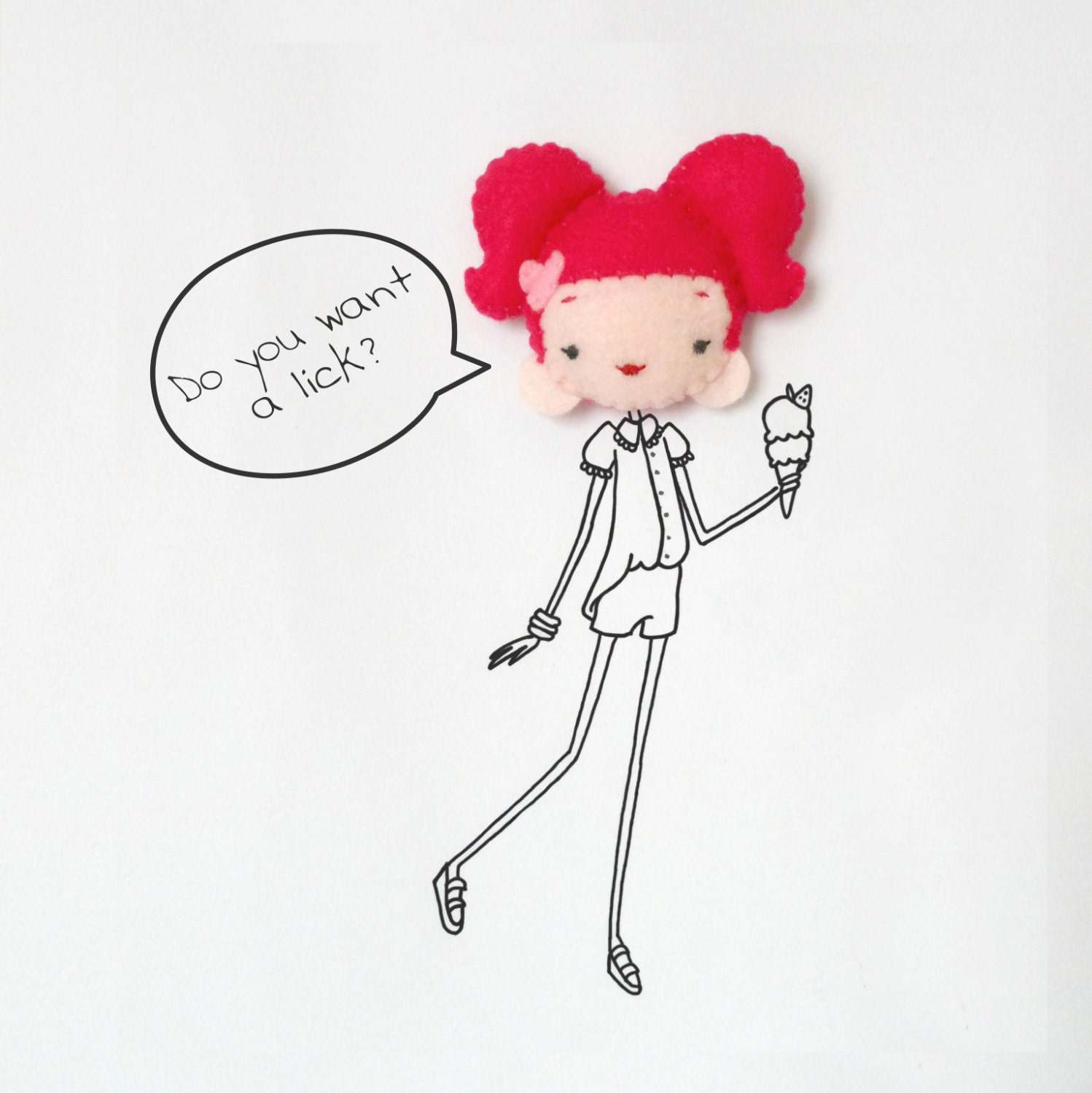 Hot pink brooch, girl face felted and stuffed pin, softie, made to order