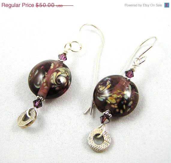 20 % VACATION SALE Lampwork glass bead, Swarovski crystal and fine silver earrings