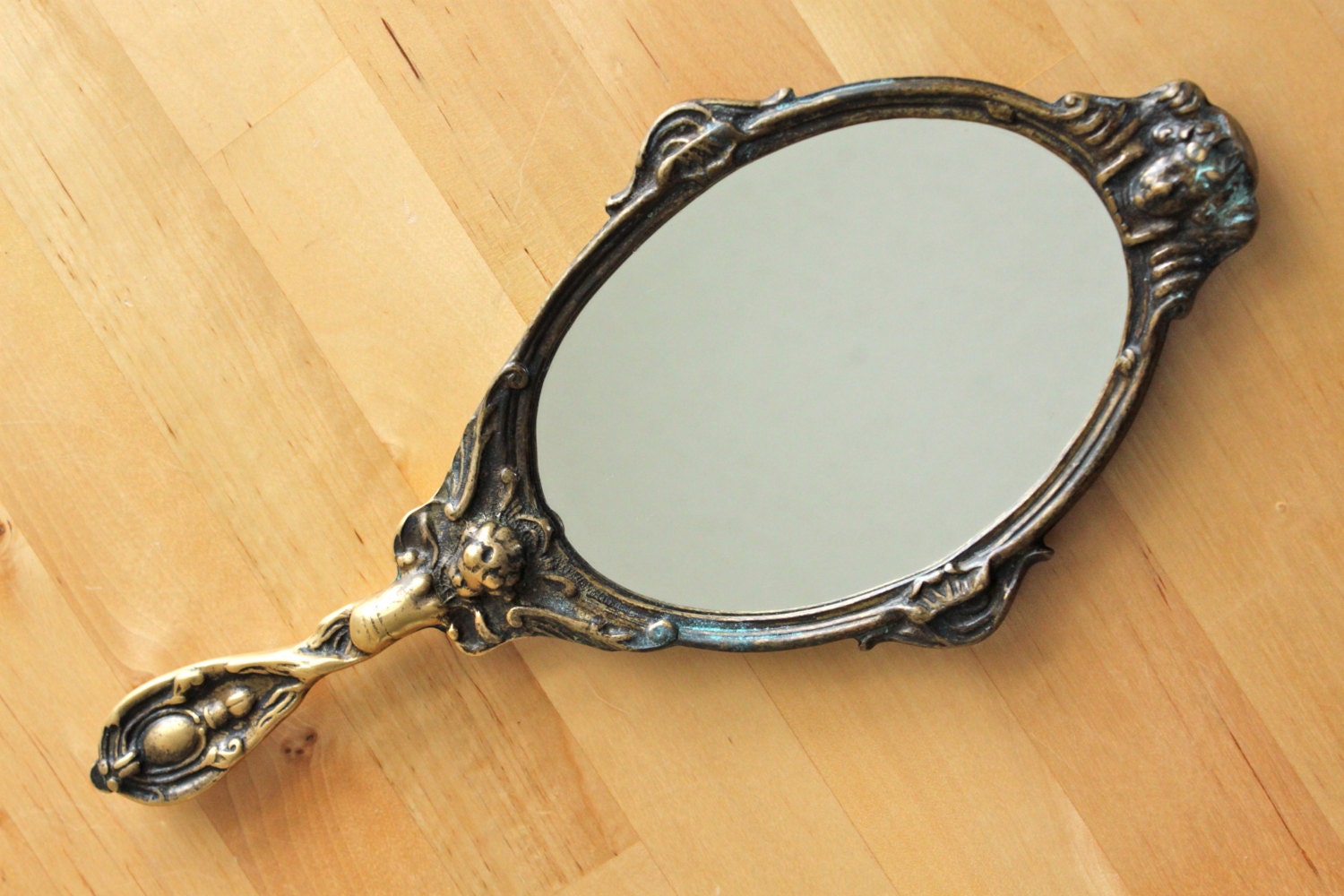 Items similar to Antique Hand Mirror Ornate Brass Vanity Mirror With