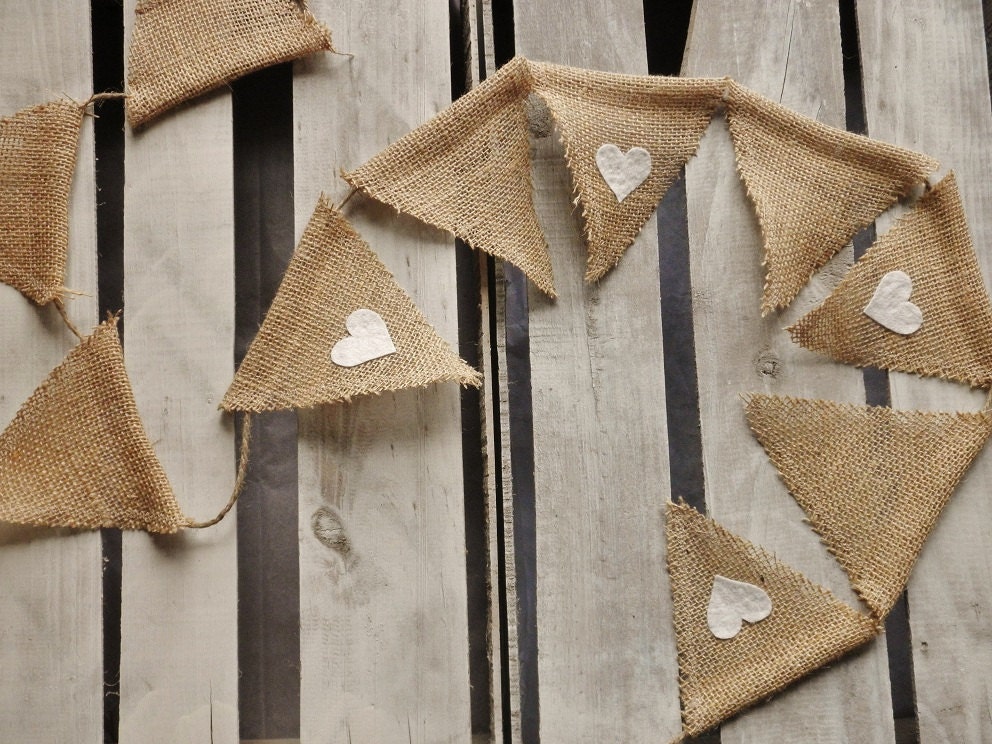 Burlap Flag Heart Banner w/ Jute Twine-4 Feet-Many Colors Available- Wedding/Party Decor- Folk/Country/Shabby Chic