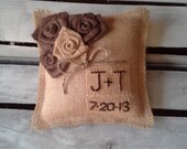 8" x 8" Natural Burlap Ring Bearer Pillow w/ Rosettes -Jute Twine-Custom-Intials & Wedding Date - Rustic/Country/Shabby Chic/Folk/Wedding