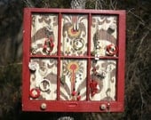 Red Repurposed Window Jewelry Holder and Magnetic board with Ikat fabric