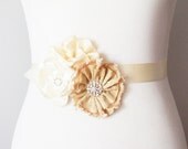 Bridal Couture - Floral Sash Belt - Gold Beige Champagne Cream Ivory - Lace Pearls Crystals Wedding Bridal Dress Sashes Belts