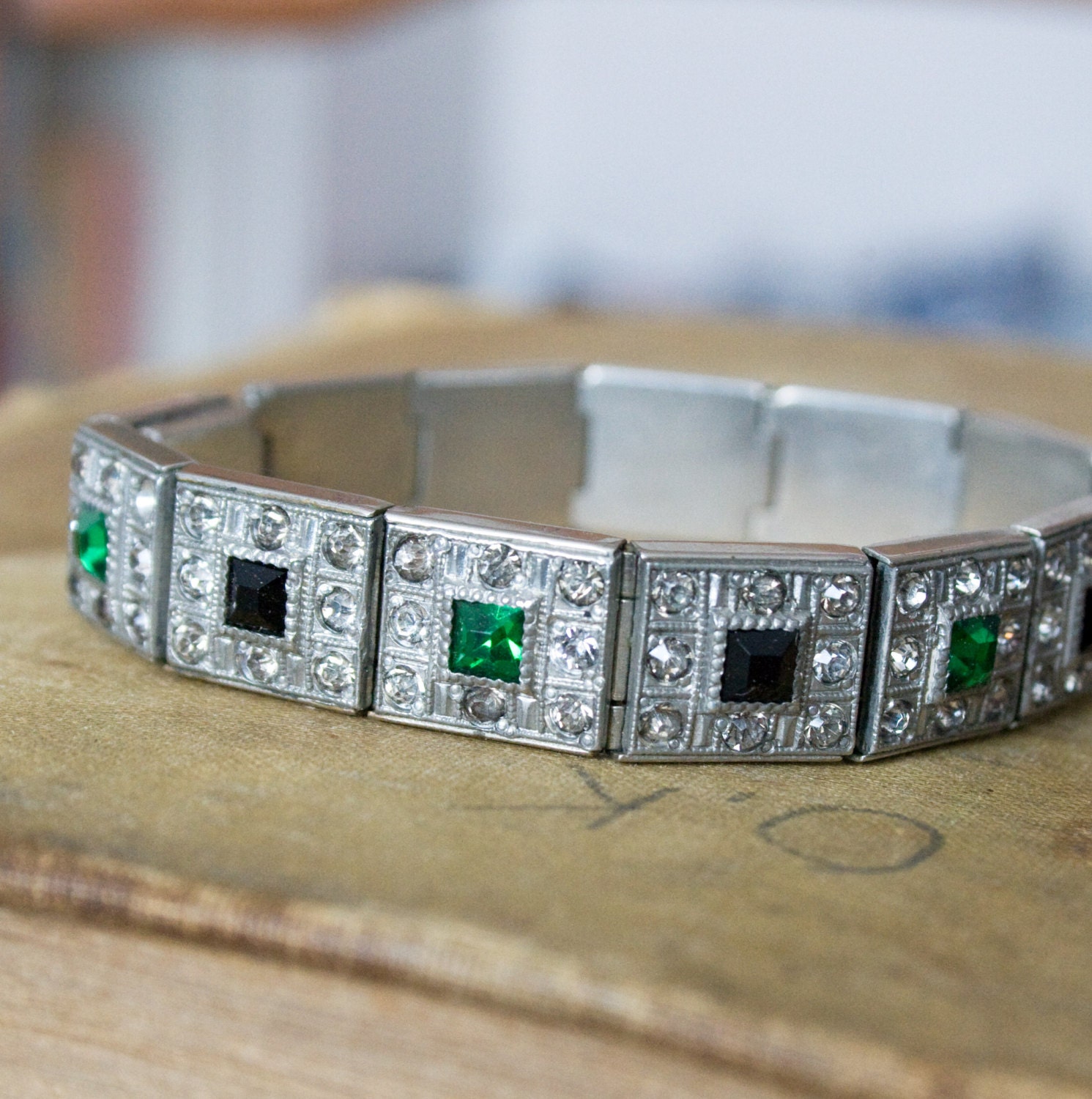 Vintage Emerald and Black ART DECO Bracelet . 1920s Jewelry . Silver with Emerald Black Crystal Paste Stones - marked ALL Co in Original Box