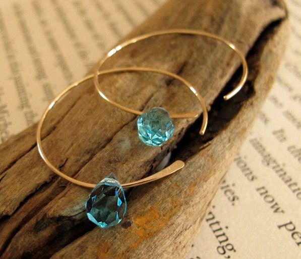 Aqua Blue Swarovski Crystal Hoops - Gold Hoop Earrings - 14k Gold Filled Open Hoops
