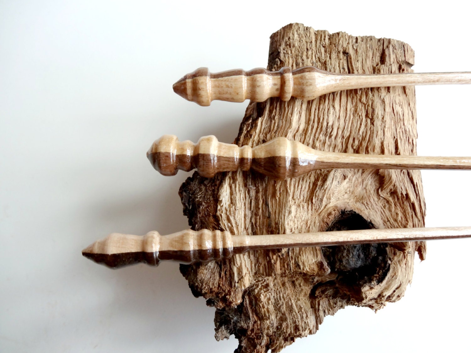 Set of 3 Hand-crafted Inlaid Wood Shawl Pins. Scarf Pins for Knit and Crochet Accessories.