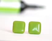 Pea green square - silver plated, fused glass stud / post earrings