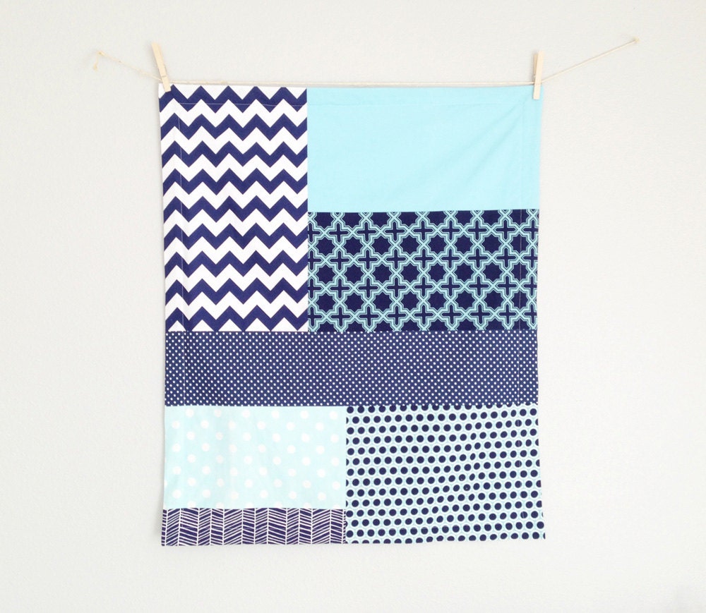 Patchwork Baby Blanket, Navy Blue and Aqua with White Minky
